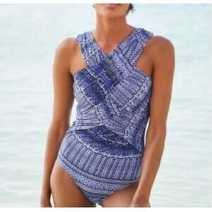 Garnet Hill One-Piece Blue Swimsuit Womens 8 Wrap Ruched Flattering Vacation